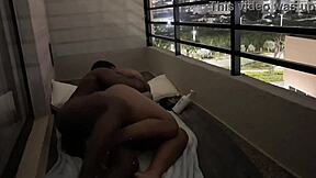 Cute brunette couple fucks passionately on hotel balcony amateur style