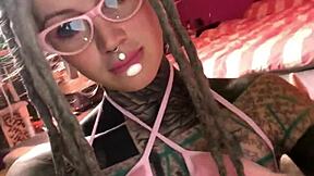 hot solo tattooed babe w glasses... plays creamy pussy & dildo 😩