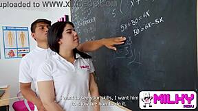Bent over the study desk, horny venezuelan teen's wet pussy gets fucked by everyone!