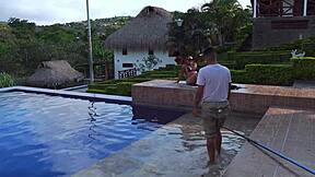 colombian milf ebony bangs hubby's young worker by pool 🌊🍑😈