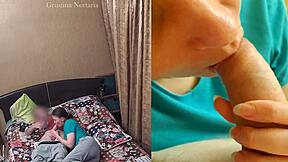 real russian couple's spontaneous bedroom blowjob on two cameras
