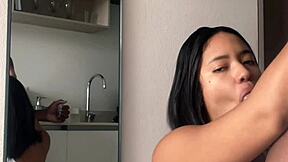 she drops to knees devouring my full cock with her tight 18+ amateur mouth