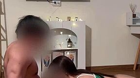 Morning After Christmas Petite Shaved Asian Rides Cock Cowgirl Sensual Creampie