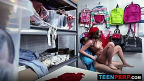 perp teen, bend over in back office for punishment on monster cock?
