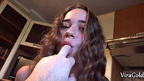 she rims him deep then fucks her big natural tits in the kitchen