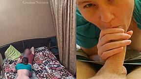real russian couple's spontaneous bedroom blowjob on two cameras