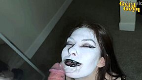 busty goth teen slurps deep on cock in sloppy blowjob closeup