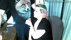 old fox grabs young bitch's big tits on balcony, she sucks gratefully