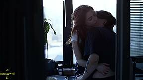 a lesbian couple's cozy kitchen fingering and licking session