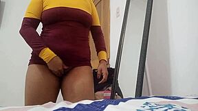 brunette with a big ass cums hard with her toy in the bedroom