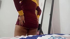 brunette with a big ass cums hard with her toy in the bedroom