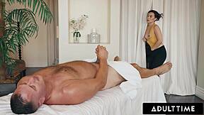 adult time - sexy petite 18+ masseuse kimmy kimm gets turned on catching client stroke his cock
