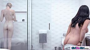 Teen licks big tit milf in shower