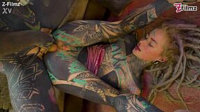 dreadlocked inked girl rides anal cowgirl
