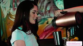 Hot barista gets licked on pooltable by brunette