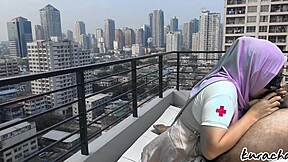hijab nurse escape from duty rooftop wetty blowjob outdoor public blowjob