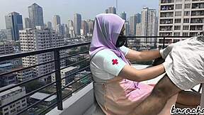 hijab nurse escape from duty rooftop wetty blowjob outdoor public blowjob