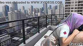 hijab nurse escape from duty rooftop wetty blowjob outdoor public blowjob