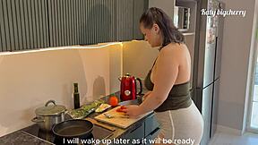 Stepson helps young stepmother cook breakfast while husband dreams
