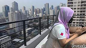 hijab nurse escape from duty rooftop wetty blowjob outdoor public blowjob