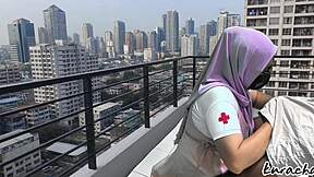 hijab nurse escape from duty rooftop wetty blowjob outdoor public blowjob