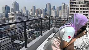 hijab nurse escape from duty rooftop wetty blowjob outdoor public blowjob