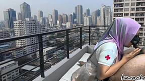 hijab nurse escape from duty rooftop wetty blowjob outdoor public blowjob