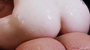 Lesbian masseuse fucked by boss while training nuru massage
