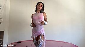 strip tease in see through dress with tan lines showing