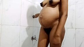 pregnant step mom bathes while stepson films her