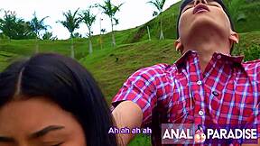 Anal sex in natural landscape with fun girl