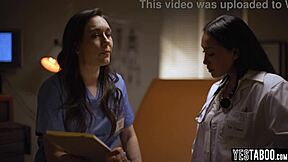 latina milf doctor seduces and fucks petite 18+ nurse to save her job
