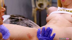 Lesbian milf doctor making her petite blonde patient squirt