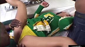 Teen cheerleader gets her tight asshole gaped by two big black cocks.