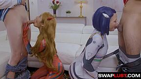 Cosplay stepsisters fuck nerdy stepbrothers for convention ride