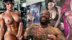 Sweaty buff transgender girl cums all over herself
