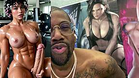 Sweaty buff transgender girl cums all over herself