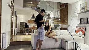 Cleaning turns into threesome with boss