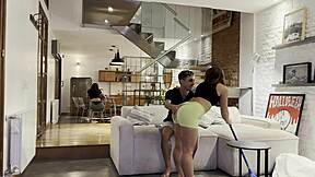 Cleaning turns into threesome with boss