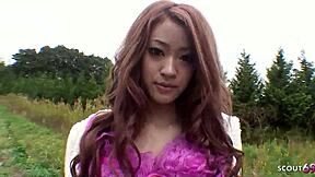 Petite japanese model gets outdoor pov creampie