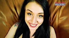 Olyssia Tiny Tattoo Brunette Gives Eager Rimjob Messy Blowjob