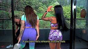 Stallion fucks two colombian hookers in a home gym class