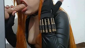 big tits trap black widow in leather bodysuit eats cum after deepthroat gagging on dildo