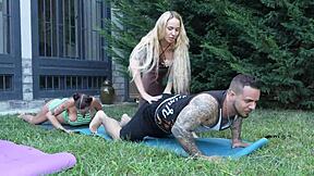 Yoga with two chicks ends in hardcore 3some with rough fucking