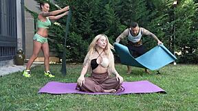 Yoga with two chicks ends in hardcore 3some with rough fucking