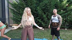 Yoga with two chicks ends in hardcore 3some with rough fucking