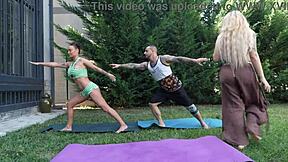 Yoga with two chicks ends in hardcore 3some with rough fucking