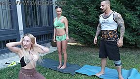 Yoga with two chicks ends in hardcore 3some with rough fucking
