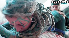 dreadhead girl rides huge cock anally