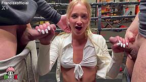 blue eyed blonde takes two huge cocks in her ass